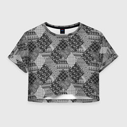 Футболка 3D укороченная женская Black and White Ethnic Patchwork Pattern, цвет: 3D-принт