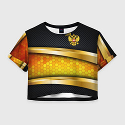Футболка 3D укороченная женская Black & gold - герб России, цвет: 3D-принт