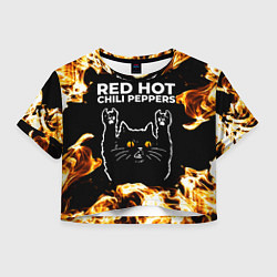 Футболка 3D укороченная женская Red Hot Chili Peppers рок кот и огонь, цвет: 3D-принт