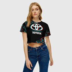Футболка 3D укороченная женская Значок Toyota в стиле glitch на темном фоне, цвет: 3D-принт — фото 2