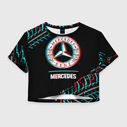 Футболка 3D укороченная женская Значок Mercedes в стиле glitch на темном фоне, цвет: 3D-принт