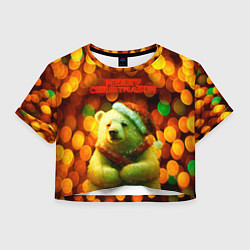 Футболка 3D укороченная женская Merry Christmas белый медвежонок, цвет: 3D-принт