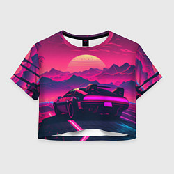 Футболка 3D укороченная женская Синтвейв закат с автомобилем, цвет: 3D-принт