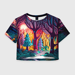 Футболка 3D укороченная женская Сказочный лес на закате солнца, цвет: 3D-принт