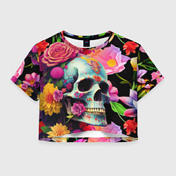 Футболка 3D укороченная женская Skull on a background of flowers - irezumi, цвет: 3D-принт