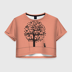 Футболка 3D укороченная женская Птицы на дереве и кошка, цвет: 3D-принт