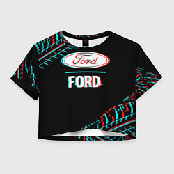 Футболка 3D укороченная женская Значок Ford в стиле glitch на темном фоне, цвет: 3D-принт