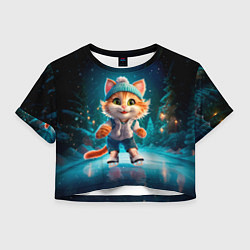 Футболка 3D укороченная женская Мультяшный котенок на коньках, цвет: 3D-принт