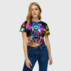 Футболка 3D укороченная женская Cool kitten - cyberpunk - neon glow, цвет: 3D-принт — фото 2