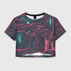 Футболка 3D укороченная женская Кибер схемы Розовый и голубой, цвет: 3D-принт