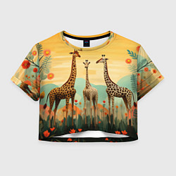 Футболка 3D укороченная женская Три жирафа в стиле фолк-арт, цвет: 3D-принт