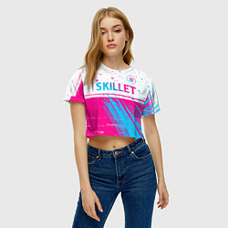 Футболка 3D укороченная женская Skillet neon gradient style посередине, цвет: 3D-принт — фото 2