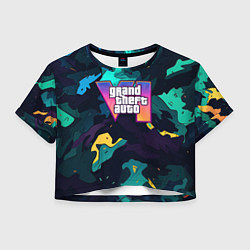 Футболка 3D укороченная женская GTA 6 logo яркий неоновый камуфляжный стиль, цвет: 3D-принт