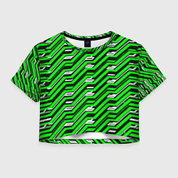Футболка 3D укороченная женская Чёрно-зелёный линейный узор киберпанк, цвет: 3D-принт