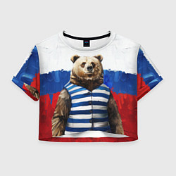 Футболка 3D укороченная женская Медведь и флаг России, цвет: 3D-принт