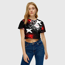 Футболка 3D укороченная женская Логотип Chery Automobile на фоне брызг красок, цвет: 3D-принт — фото 2