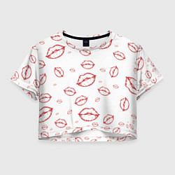 Футболка 3D укороченная женская Паттерн красные губы на белом - lips classic, цвет: 3D-принт