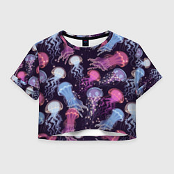 Футболка 3D укороченная женская Светящиеся медузы, цвет: 3D-принт