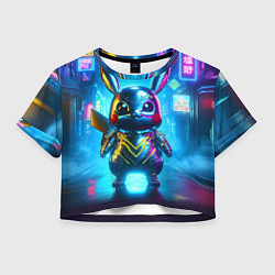 Футболка 3D укороченная женская Neon cyber Pikachu made of metal steel - ai art, цвет: 3D-принт