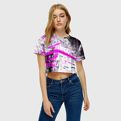 Футболка 3D укороченная женская Бело-розовая абстракция на чёрном фоне, цвет: 3D-принт — фото 2