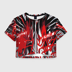 Футболка 3D укороченная женская Красно-белая хаотичная абстракция на чёрном фоне, цвет: 3D-принт