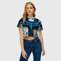 Футболка 3D укороченная женская Blue stripes on a black and white background, цвет: 3D-принт — фото 2