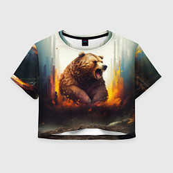 Футболка 3D укороченная женская Агрессивный бурый медведь, цвет: 3D-принт