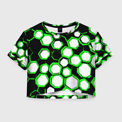 Футболка 3D укороченная женская Бело-зелёные шестиугольники на чёрном фоне, цвет: 3D-принт