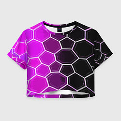 Футболка 3D укороченная женская Белые шестиугольники на чёрно-фиолетовом фоне, цвет: 3D-принт