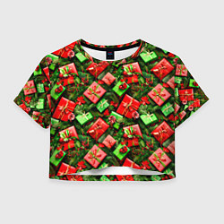 Футболка 3D укороченная женская Новогодние подарки в коробках, цвет: 3D-принт
