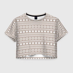 Футболка 3D укороченная женская Бежевый скандинавский узор с ёлками, цвет: 3D-принт