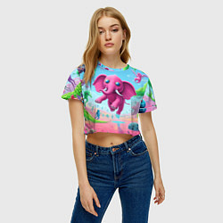 Футболка 3D укороченная женская Парящий в воздухе розовый слон - сюрреализм, цвет: 3D-принт — фото 2