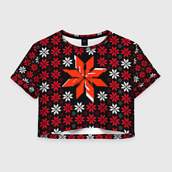 Футболка 3D укороченная женская Красно-белые звёзды на чёрном фоне, цвет: 3D-принт