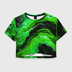 Футболка 3D укороченная женская Зелёные брызги на чёрном фоне, цвет: 3D-принт
