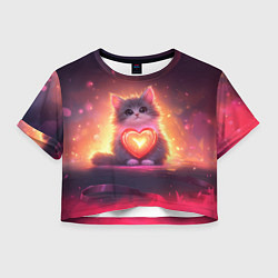 Футболка 3D укороченная женская Пушистый котик с сердечком, цвет: 3D-принт