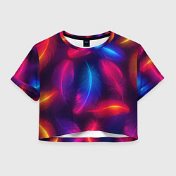 Футболка 3D укороченная женская Вспыхивающие перья - неоновое свечение, цвет: 3D-принт
