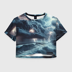 Футболка 3D укороченная женская Шторм на море - сверкание молний, цвет: 3D-принт