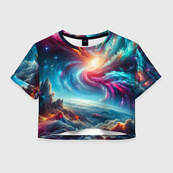 Футболка 3D укороченная женская Fantastic neon space landscape - ai art fantasy, цвет: 3D-принт