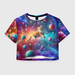 Футболка 3D укороченная женская Рыжий космический котёнок - неоновое свечение, цвет: 3D-принт