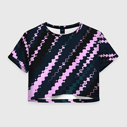 Футболка 3D укороченная женская Тёмно-синий с розовым искажённые полосы, цвет: 3D-принт