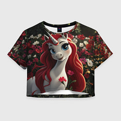 Футболка 3D укороченная женская Единорожка с рыжими волосами, цвет: 3D-принт