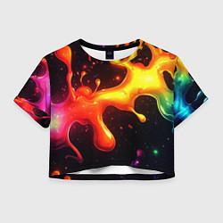 Футболка 3D укороченная женская Радужные кляксы на черном фоне, цвет: 3D-принт