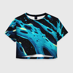 Футболка 3D укороченная женская Синие волны краски на черном, цвет: 3D-принт