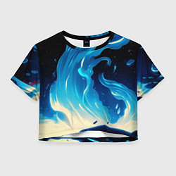 Футболка 3D укороченная женская Бело-синее пламя из абстрактных красок, цвет: 3D-принт