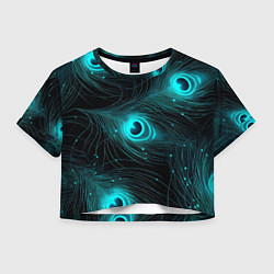 Футболка 3D укороченная женская Светящиеся перья павлина паттерн, цвет: 3D-принт