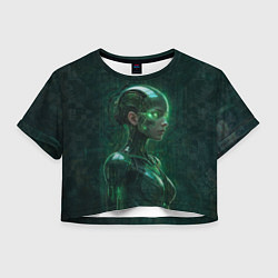 Футболка 3D укороченная женская Девушка-андроид в зелёных тонах, цвет: 3D-принт