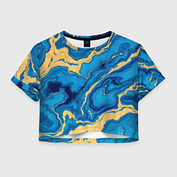 Футболка 3D укороченная женская Синий мрамор с золотом, цвет: 3D-принт