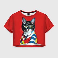 Футболка 3D укороченная женская Милая кисуля в модном пуловере - поп-арт, цвет: 3D-принт