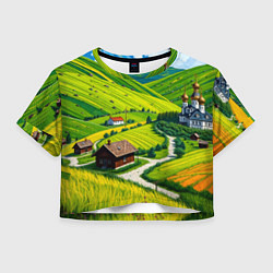 Футболка 3D укороченная женская Русская душа и поле, цвет: 3D-принт