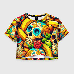 Футболка 3D укороченная женская Colorfull skulls and bananas - pop art pattern, цвет: 3D-принт